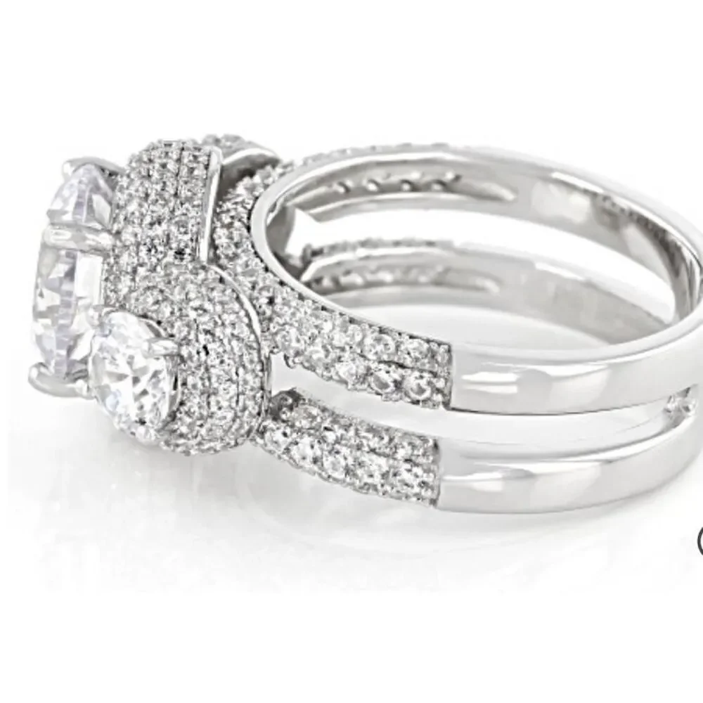 Gorgeous 9.4 Ct. Genuine Diamond Simulant Three Stone Halo Pave Wedding Ring #8